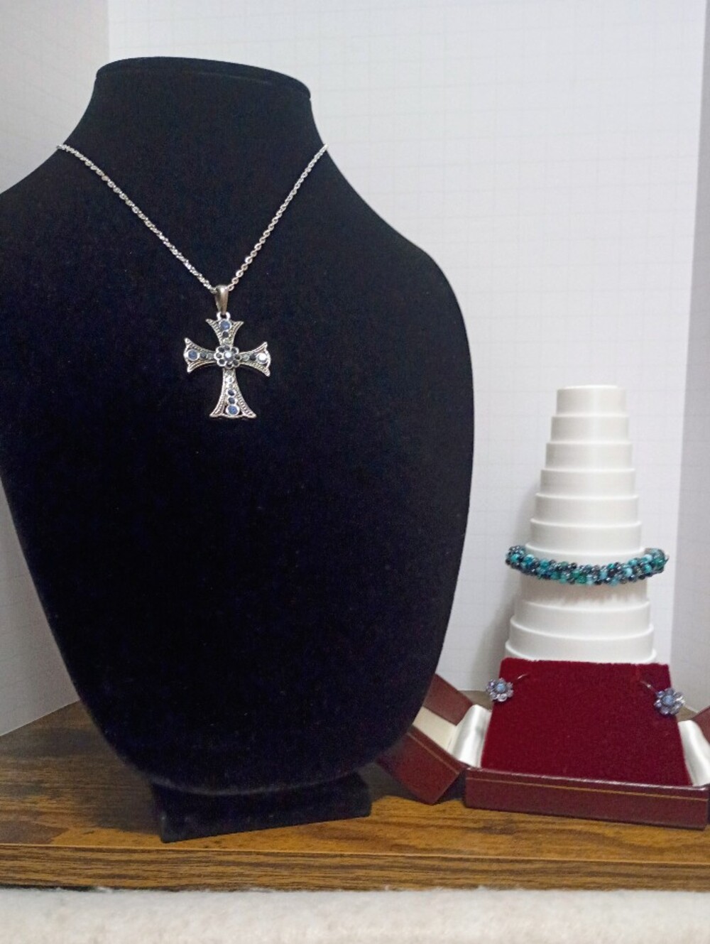 Silver Toned and Blue Necklace, Earrings and Bracelet